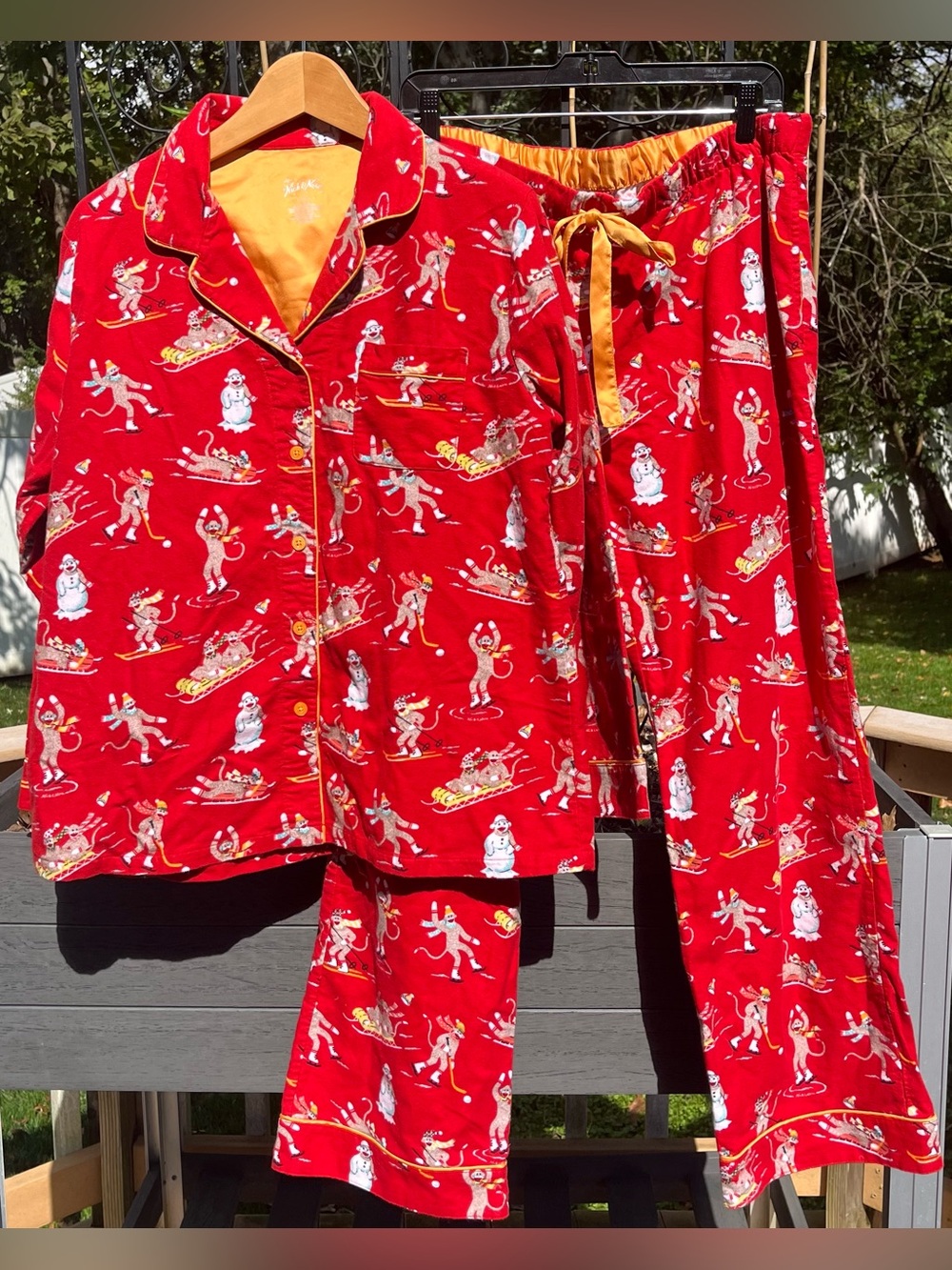 Nick & Nora Winter Snow Sports Sock Monkeys Cotton Flannel Pajama Set Size L